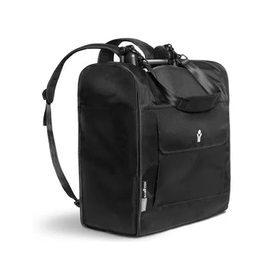 Stokke Yoyo Backpack in black, featuring a structured design, adjustable shoulder straps, and front pocket.