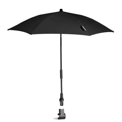 Black Stokke Yoyo Parasol with a flexible pole and clamp for attaching to strollers, providing sun protection.