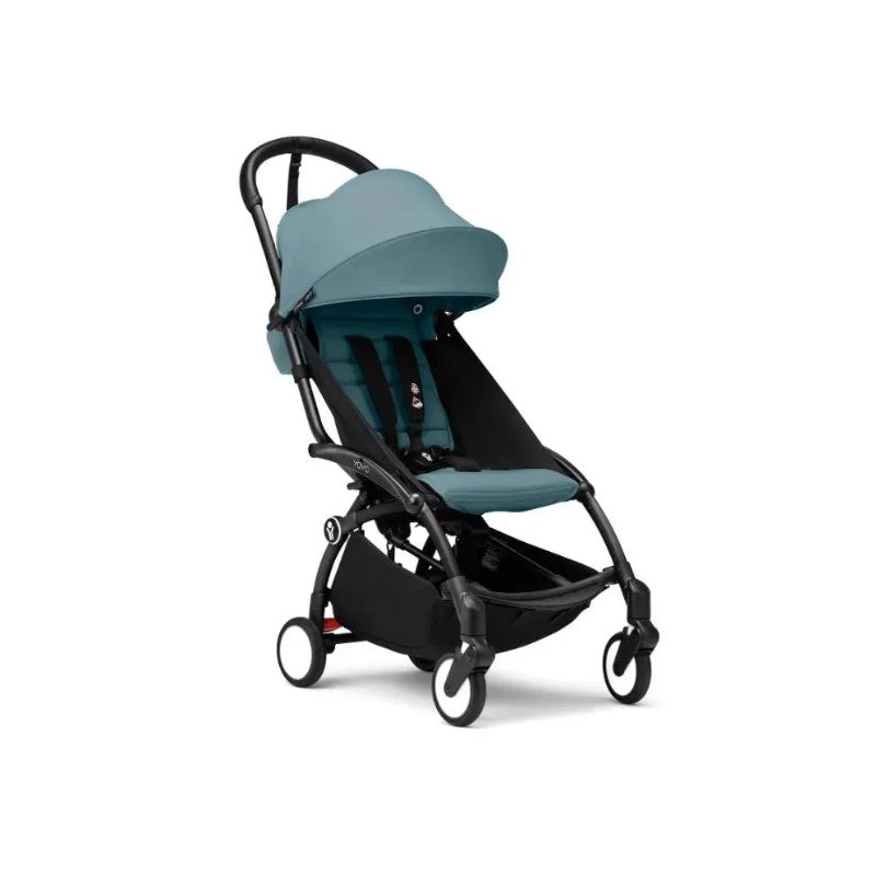 Stokke Yoyo³ stroller in aqua with a black frame, featuring a padded seat and canopy, designed for children 6 months and older.