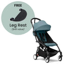Stokke Yoyo³ stroller 6+ with black frame and aqua seat fabric; includes a free leg rest ($49 value) displayed beside.