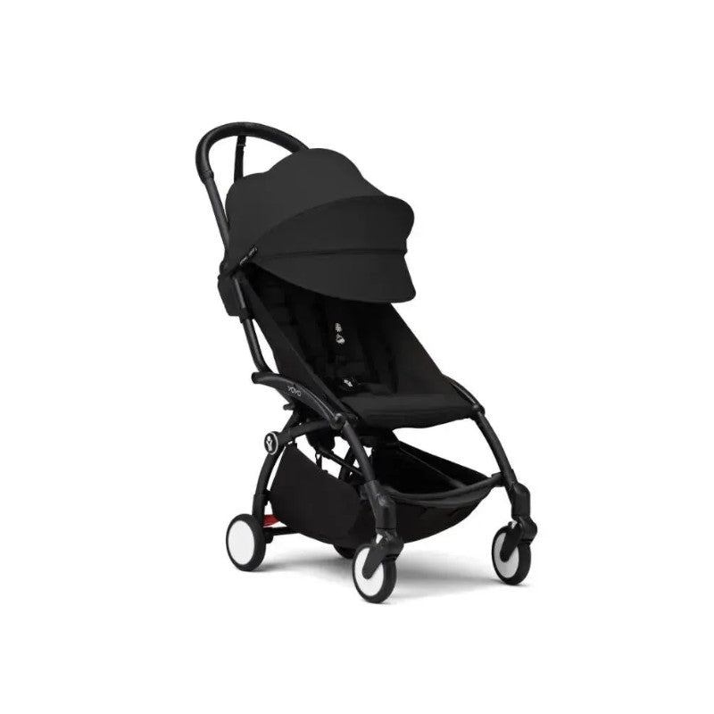 Stokke Yoyo³ stroller 6+ in black, featuring a black frame, adjustable canopy, and spacious underseat storage.