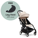 Stokke Yoyo³ stroller with a black frame and beige seat, featuring a free leg rest offer.