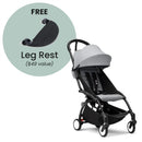 Stokke Yoyo³ stroller with a black frame and stone fabric, featuring a free leg rest offer prominently displayed.