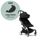 Stokke Yoyo³ stroller in black with a white frame, featuring a free leg rest ($49 value) highlighted in a circular badge.