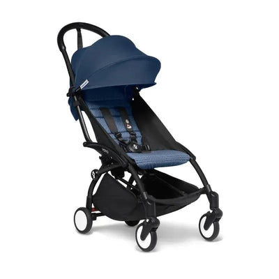 Stokke Yoyo³ stroller in Air France Blue with a black frame, designed for children 6+ months.
