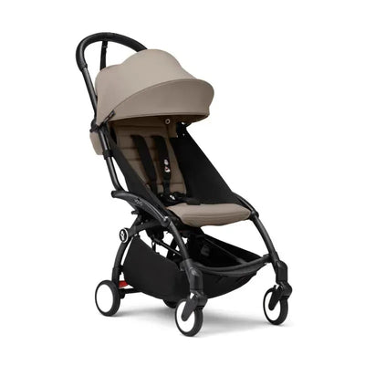 Stokke Yoyo³ Stroller in black and taupe, featuring a canopy, adjustable seat, and a spacious bottom storage basket.