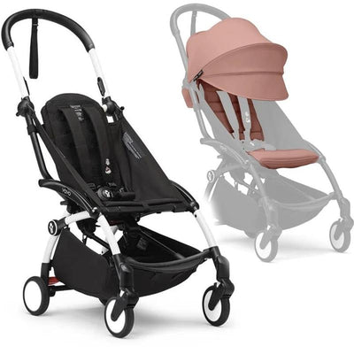 Stokke Yoyo³ stroller bundle with a black and white frame, featuring a ginger 6+ color pack and adjustable canopy.