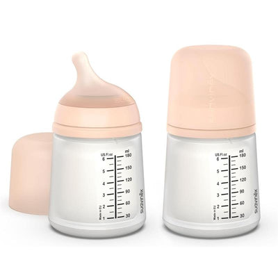 Suavinex 2Pk Zero Zero Anti Colic Baby Bottles with adaptable flow in a fair color, featuring measurement markings.