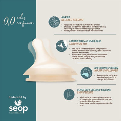 Suavinex 2Pk Zero.Zero™ Slow Flow Asymmetrical Nipple in light color, designed for colic prevention and relaxed feeding.