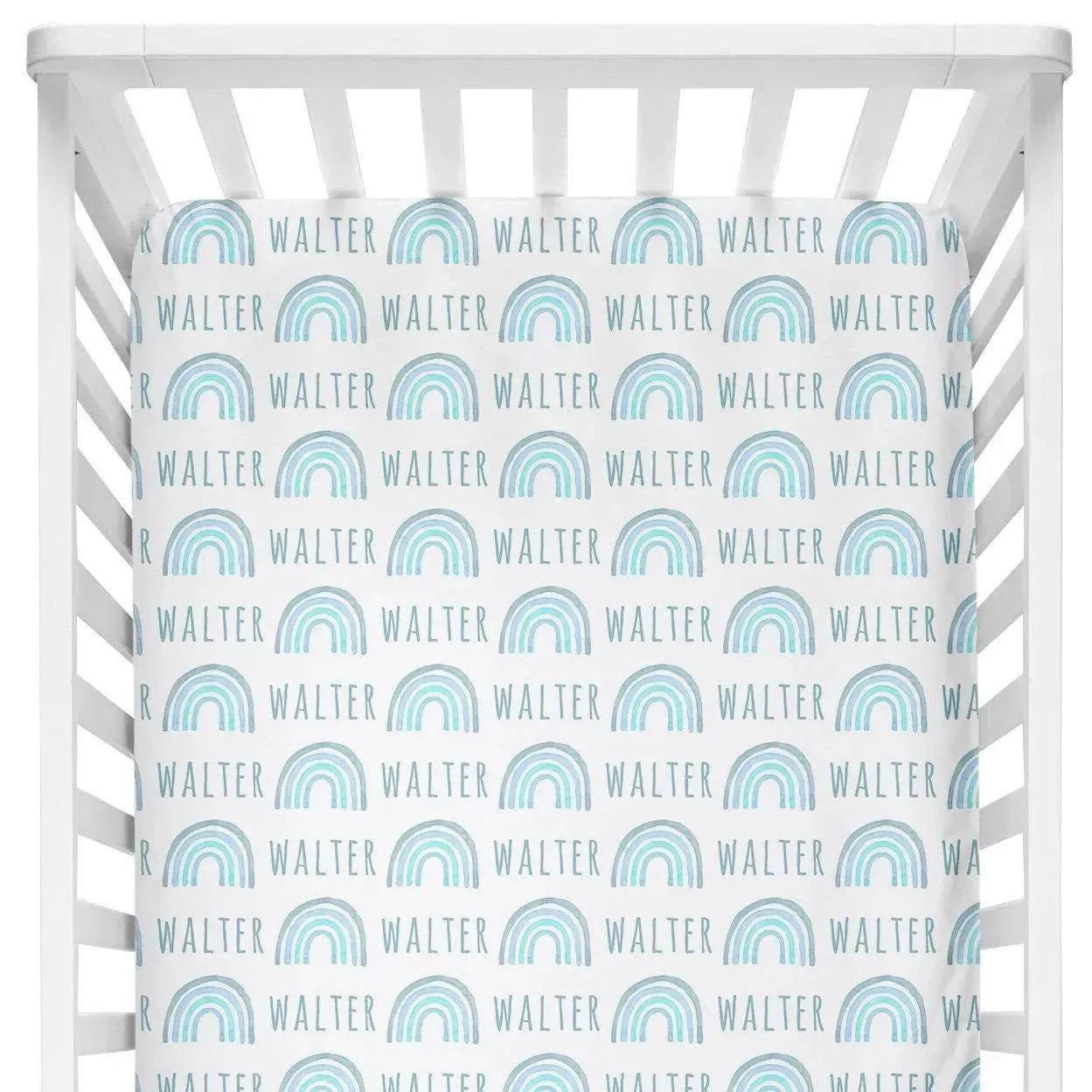 Sugar + Maple Personalized Crib Sheet | Rainbow Blue - MacroBaby