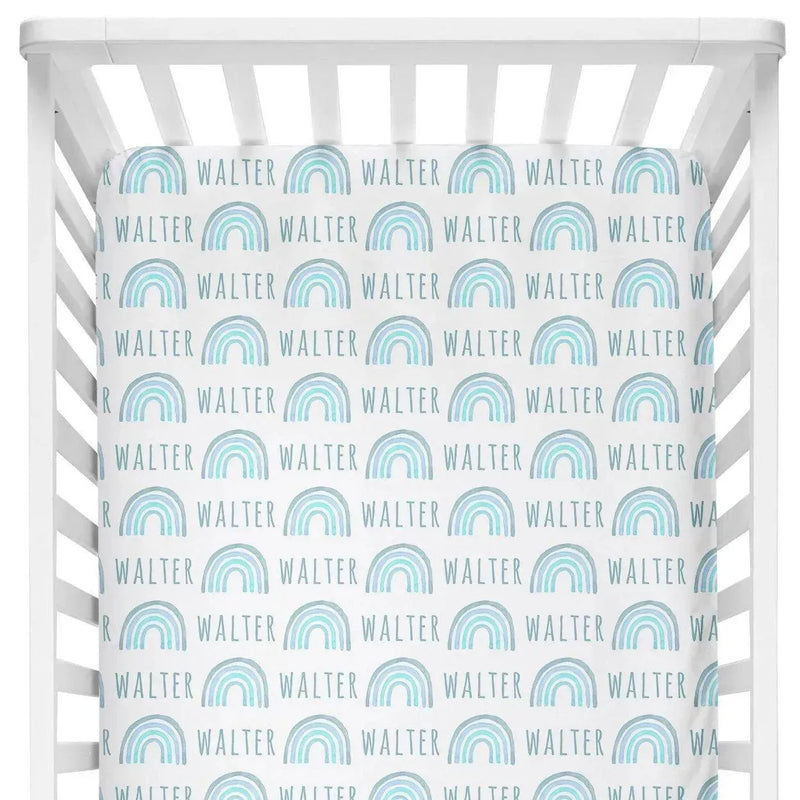 Sugar + Maple Personalized Crib Sheet | Rainbow Blue - MacroBaby