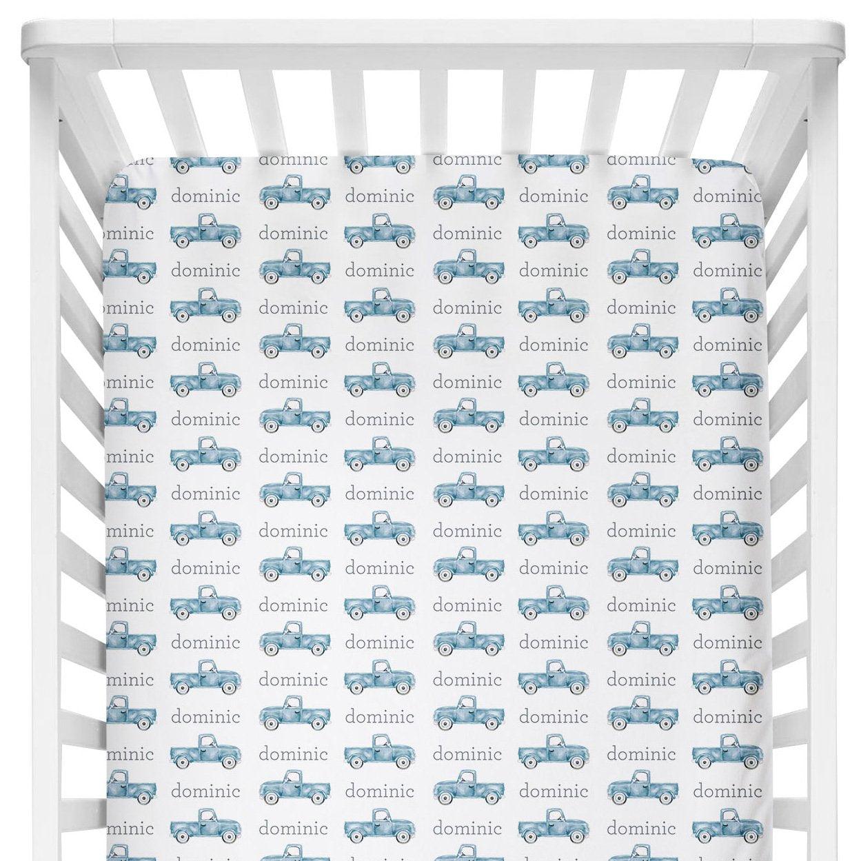 Sugar + Maple Personalized Crib Sheet | Truck Blue - MacroBaby