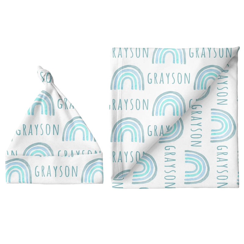 Sugar + Maple Personalized Large Blanket & Hat Set | Rainbow Blue - MacroBaby
