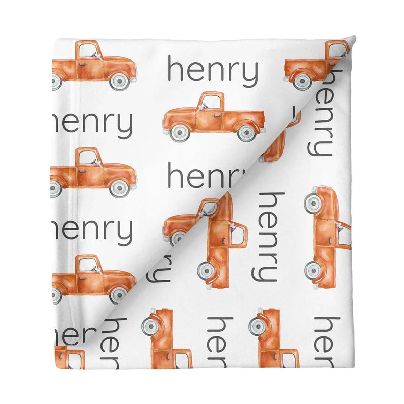 Sugar + Maple Personalized Stretchy Blanket | Truck Orange - MacroBaby