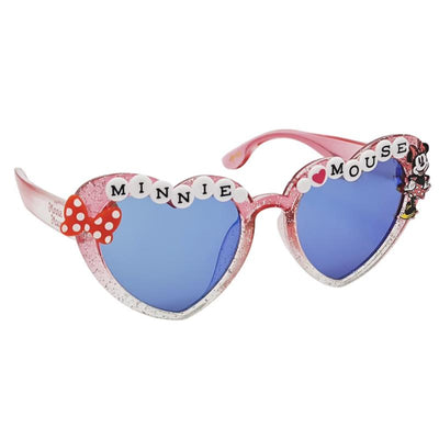 Pink heart-shaped sunglasses for kids featuring Minnie Mouse, with glittery frames and a polka dot bow.
