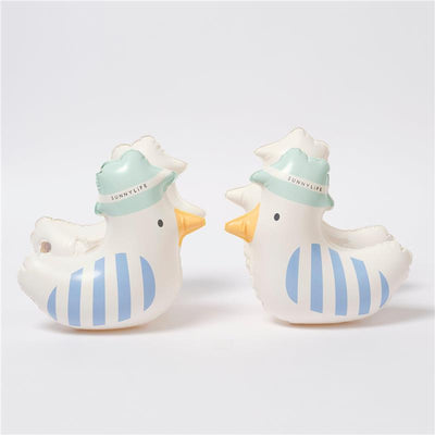 Inflatable arm bands for kids shaped like seagulls, featuring blue stripes and a light blue hat.