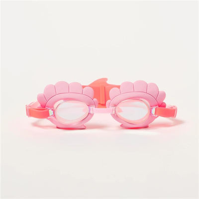 Mini swim goggles in neon strawberry with a mermaid shell design, ideal for children.