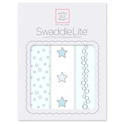 Set of three marquisette swaddles with bubble dot, star, and champagne patterns in soft blue and white.