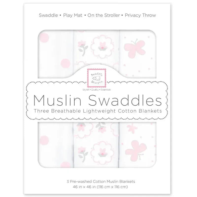 Swaddle Designs - 3Pk Muslin Swaddle Blankets, Butterflies & Posies Image 1