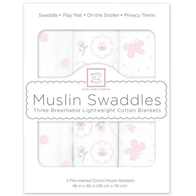 Swaddle Designs - 3Pk Muslin Swaddle Blankets, Butterflies & Posies Image 1