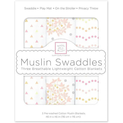 Three pack of Swaddle Designs muslin swaddle blankets featuring floral and geometric patterns in pastel colors, designed for infants.