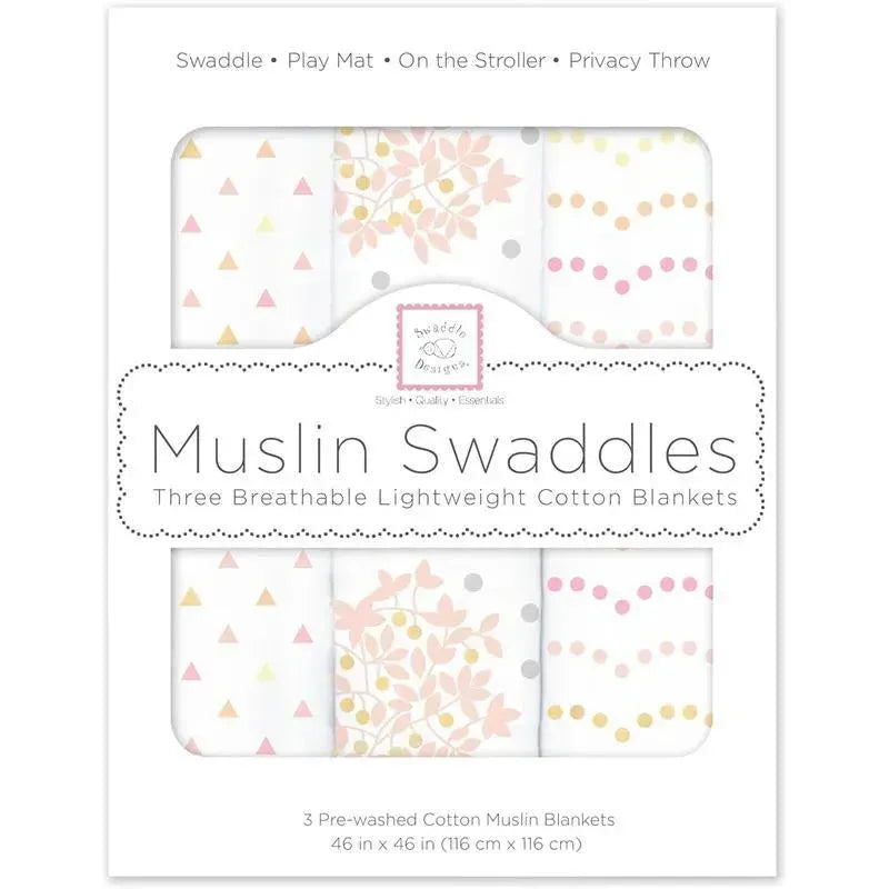 Swaddle Designs - 3Pk Muslin Swaddle Blankets, Floral With Gold Shimmer Image 1