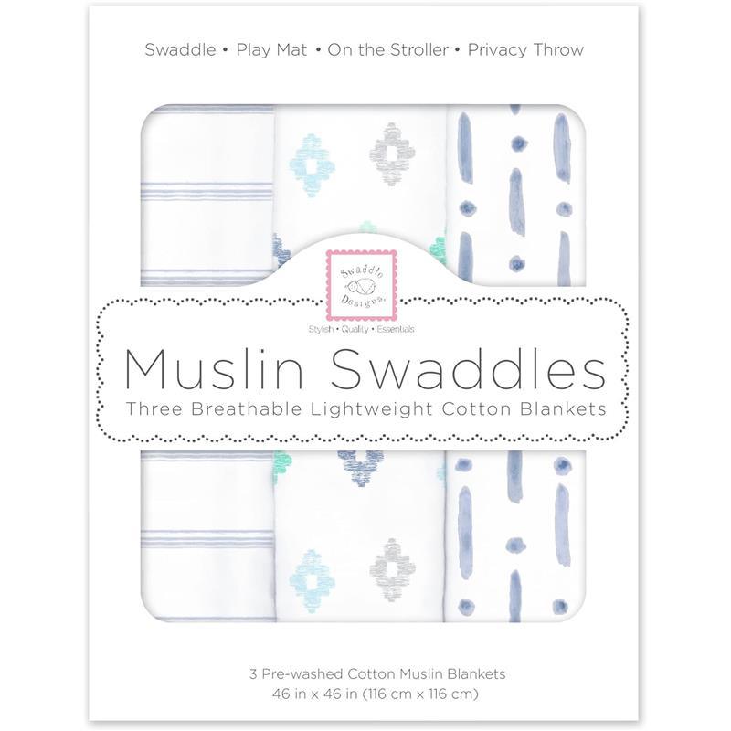Swaddle Designs - 3Pk Muslin Swaddle Blankets, Indigo Denim Image 1