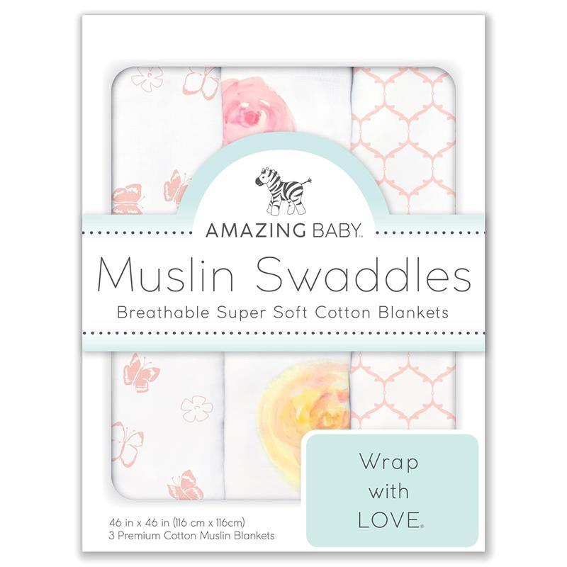 Swaddle Designs - 3Pk Muslin Swaddle Blankets, Watercolor Roses Image 3