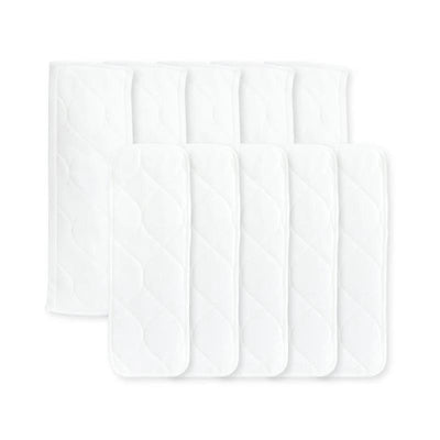 Pack of 10 disposable white quilted inserts for swaddles, designed for easy use and replacement.