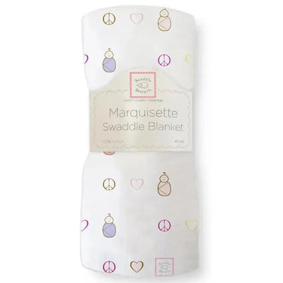 Marquisette swaddle blanket by Swaddle Designs, featuring a pattern of peace symbols, hearts, and wrapped babies on a white background.