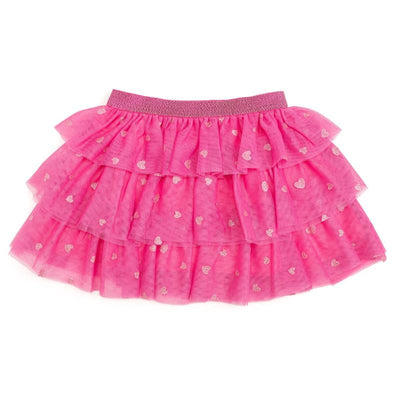 Pink heart-patterned tutu with layered ruffles and a glittery waistband, designed for young girls.