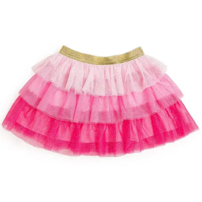 Kids pink petal tutu featuring layered tulle in shades of pink, with a gold elastic waistband.