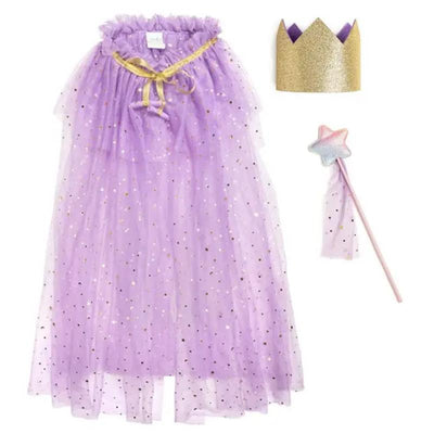 Lavender dress-up kit featuring a sparkly tulle cape, a gold crown, and a star wand with a ribbon tail.