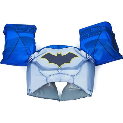 SwimWays Swim Trainer Life Jacket featuring Batman design, blue inflatable arm bands, and a superhero chest graphic.