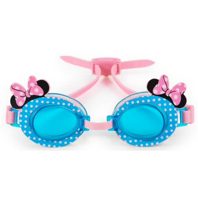 Minnie Mouse-themed swim goggles featuring pink straps, blue lenses, and polka dot design with Minnie Mouse bows.