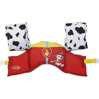 Swimways Marshall Swim Trainer Life Jacket features a red design with a Paw Patrol theme and inflatable cow print arm floats.