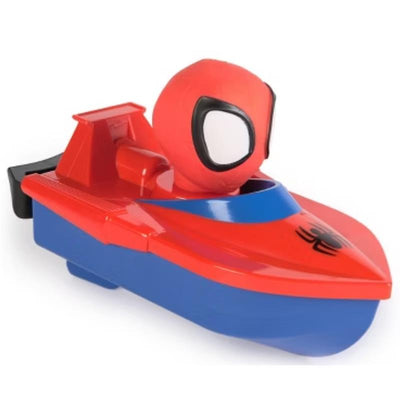 Marvel-themed red and blue toy boat featuring a Spider-Man figure as the pilot.