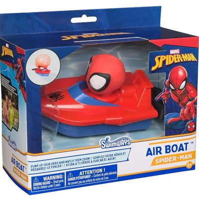Swimways Marvel Air Boat featuring a red boat with a Spider-Man character on top, designed for water play.