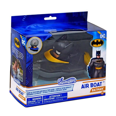 Swimways Marvel Air Boat featuring a Batman figure in packaging, with text highlighting its use and safety warnings.
