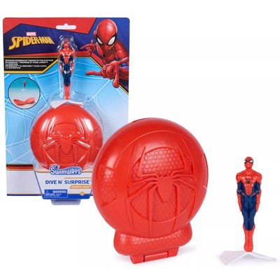 Swimways Marvel Spider-Man Dive N Surprise Toy, featuring a red Spidey-themed capsule and a Spider-Man figure.