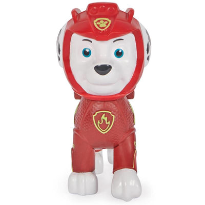 Red Paw Patrol float featuring Marshall, a puppy character in a firefighter outfit, with a cheerful expression.