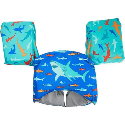 US Coast Guard approved SwimWays Swim Trainer life vest featuring a blue shark pattern and removable inflatable arm floats.