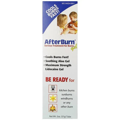 Tender After Burn Gel, 2 oz, for cooling burns quickly, contains aloe and lidocaine, with usage instructions for various burn types.