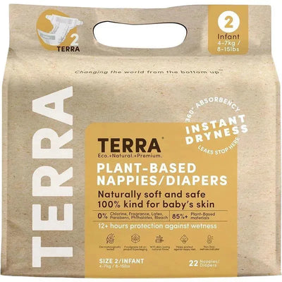 Terra size 2 plant-based diapers packaging, featuring details on softness, safety, and 12+ hours protection.