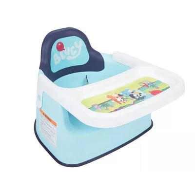 Bluey Booster Seat in blue with a white tray featuring colorful cartoon characters, designed for young children.