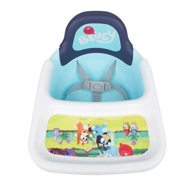 Booster seat featuring Bluey character designs, with a light blue backrest and adjustable harness for safety.