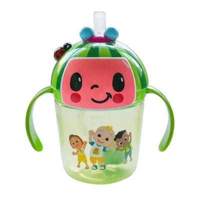 Cocomelon-themed 7 oz weighted straw trainer cup with green handles and cartoon characters on the side.