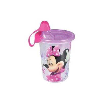 Disney Minnie Mouse Take & Toss sippy cup, 10 oz, with a purple lid and handle, featuring Minnie Mouse design.