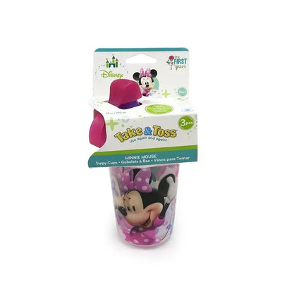 Minnie Mouse Take & Toss sippy cups in a 3-pack, 10 oz size, featuring a colorful design and purple lids.