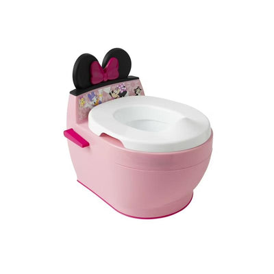 Minnie Mouse-themed pink 2-in-1 potty with a removable training seat and decorative back featuring Disney characters.